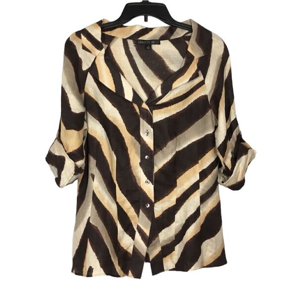 LAFAYETTE 148 100% LINEN ANIMAL PRINT LONG SLEEVES BUTTON UP SHIRT 8 MOB WIFE - Picture 1 of 15